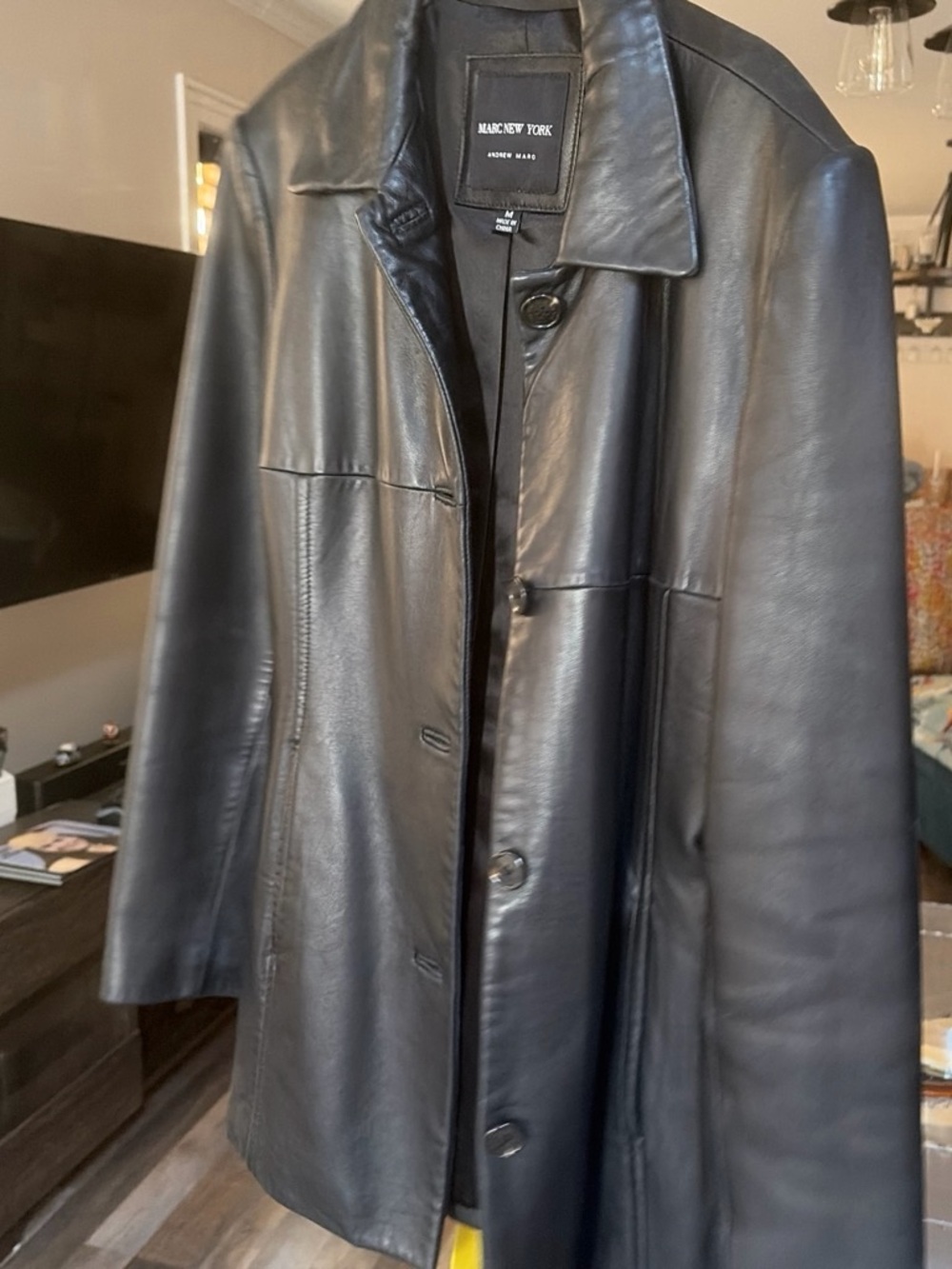 Andrew Marc New York Black Leather Button-Front Coat